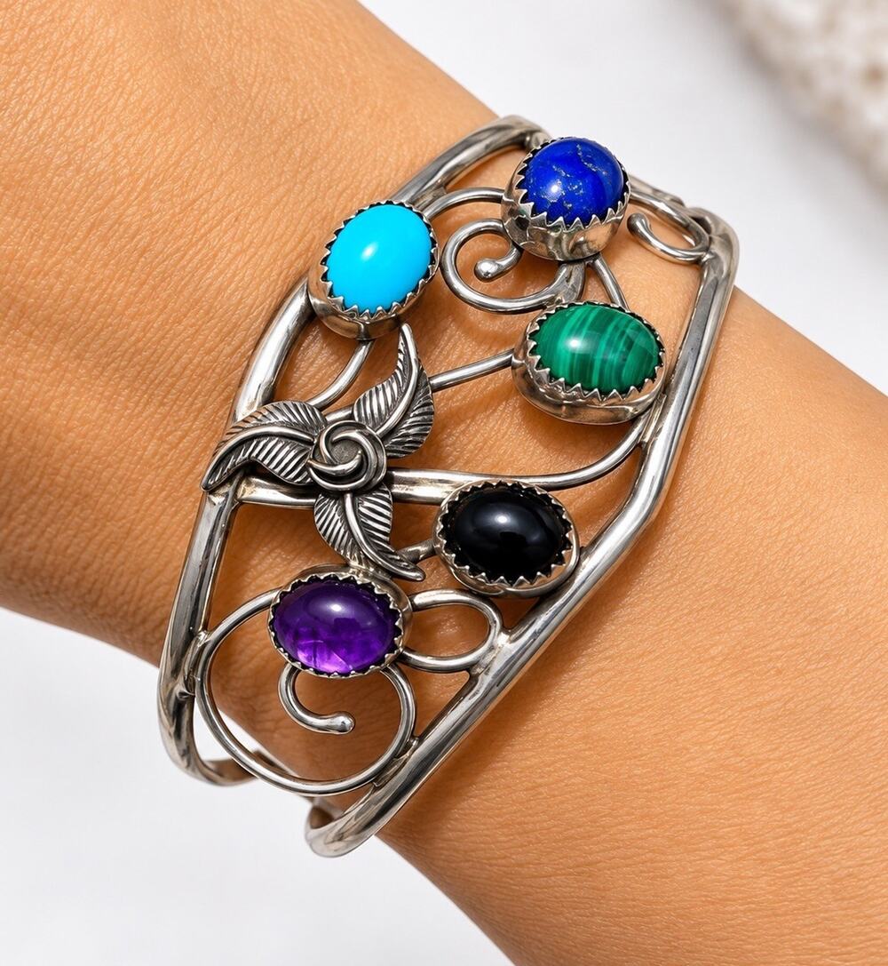 Navajo Sterling Silver Turquoise Multi Stone Cuff Bracelet Donald Douglas Signed